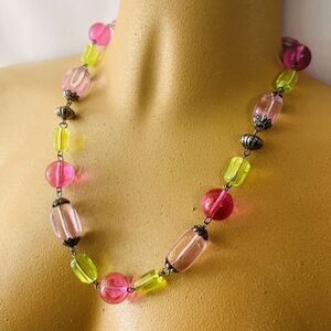 Vintage Lucite Fruit Salad Necklace  Pink Shades Green Chunky Bubble Beads Silve